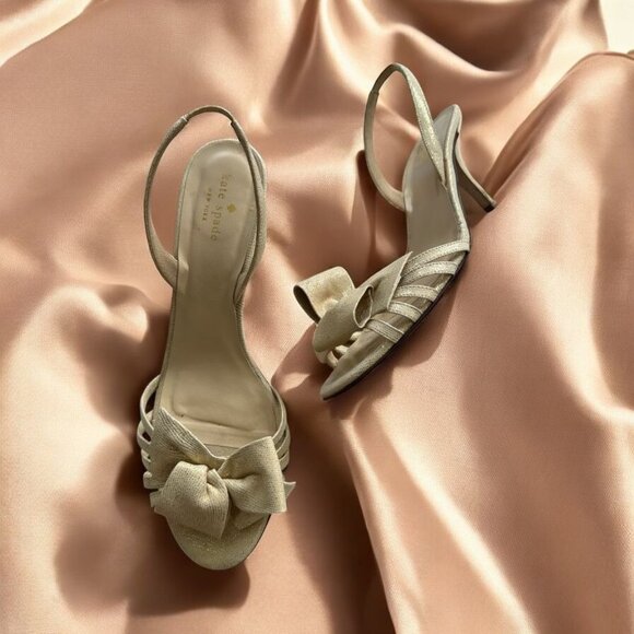 KATE SPADE Gold Tone Bow Metallic Slingback Heels Size 10.5 - Picture 1 of 9